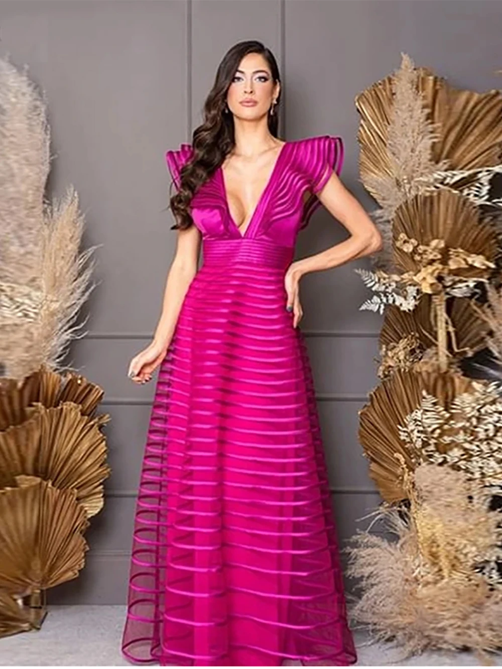 Top Trends: Verngo Fuschia A Line Long Evening Dresses V Neck Cap Sleeves Floor Length Prom Dress Women Party Special Occasion Dress Shoppable Styles - Image 3