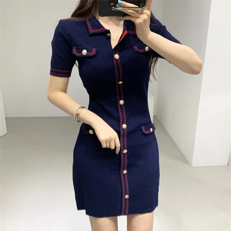 Top Trends: Women Mini Knitted Dress Vintage Metal Buttons High Waist Sheath Pencil Dresses Turn-down Neck Elegant Dress Office Lady N237 Shoppable Styles