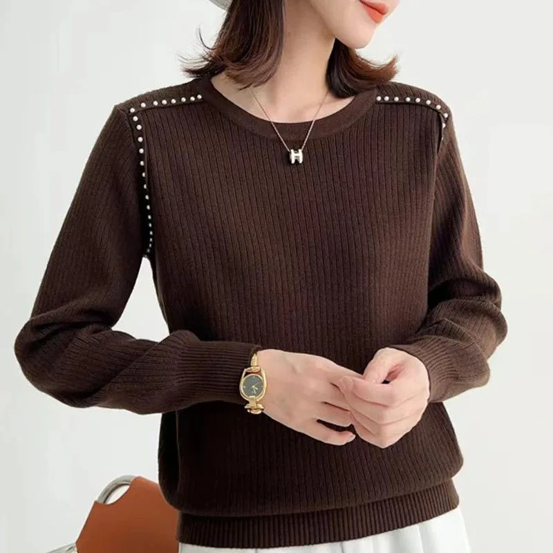 Top Trends: New Autumn Fashion Korean Edition Beaded Round Neck Loose And Versatile Western Style Slim Long Sleeve Knitted Women&#039;s Sweater Shoppable Styles