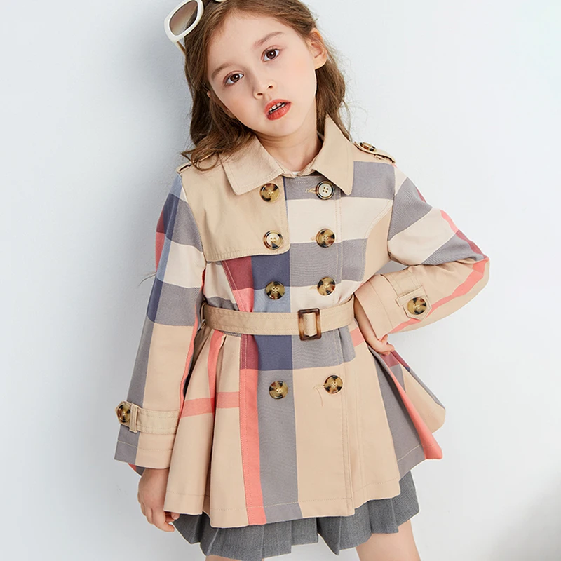 Top Trends: Spring Autumn Girls Trench Coat New Teenage Long Sleeve Trench Jacket Double Breasted Belted Windbreaker Kids Plaid Coat 2-12Y Shoppable Styles