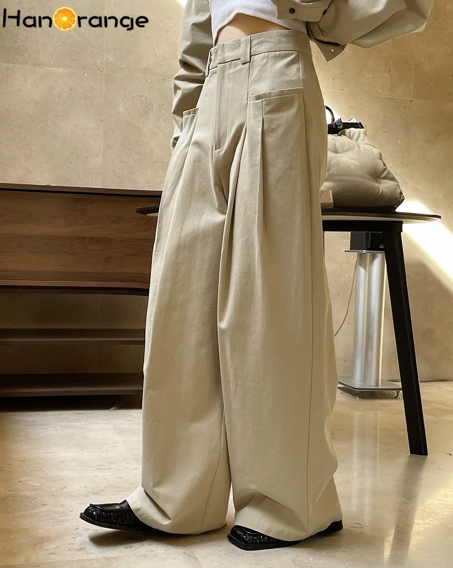 Top Trends: HanOrange 2024 Spring Fashion Double Pleated Design Wide Leg Pants Women Lazy Loose Silhouette High Waist Casual Trousers Female Shoppable Styles