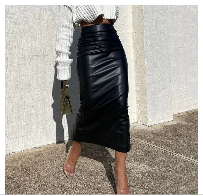 Top Trends: Autumn Women's Fashion New Style Commuter Bright Leather Back Slit Sexy Long Skirt Shoppable Styles