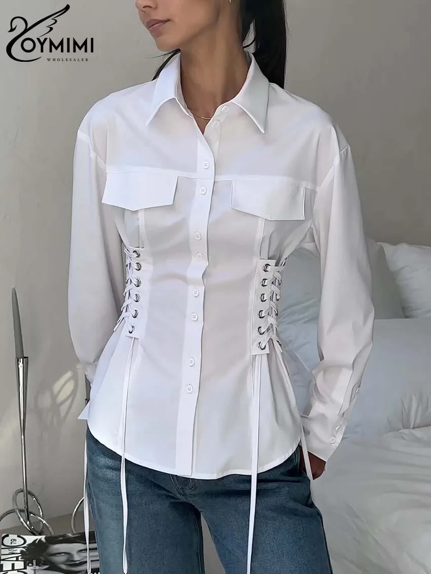 Top Trends: Oymimi Casual White Bandage Women's Shirt Elegant Long Sleeve Pockets Blouses Streetwear Fashion Solid Single-Breasted Shirts Shoppable Styles