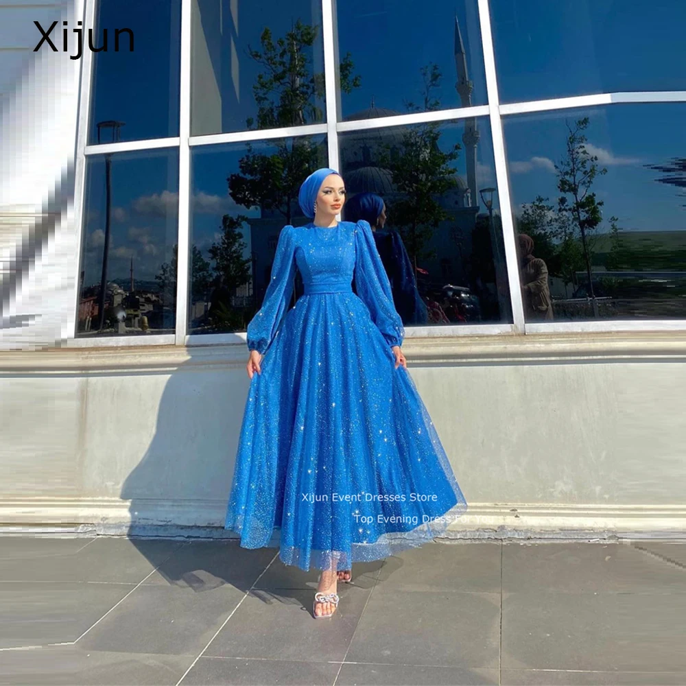 Top Trends: Xijun Blue Glitter Prom Dresses Long Sleeves A-Line Evening Dresses Modest Dubai Arabic Women Prom Gowns Formal Moroccan Kaftan Shoppable Styles