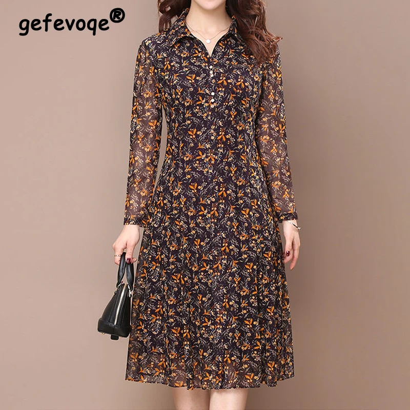 Top Trends: Long Sleeve Dress Women Floral Print Elegant Turndown Collar Summer Female Clothing Slim All-match Casual Button Midi Dress Robe Shoppable Styles