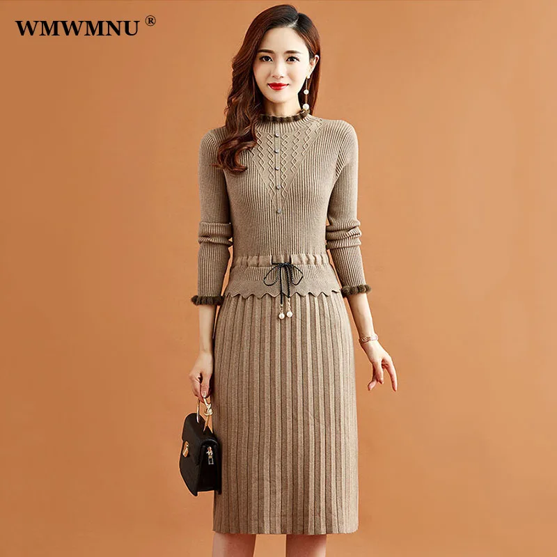 Top Trends: Fake Two Pieces Pretty Knitted Dress Women Korean Elegant Sweater Dresses Autumn Winter Midi Vestidos Slim Bottoming Elbise Shoppable Styles