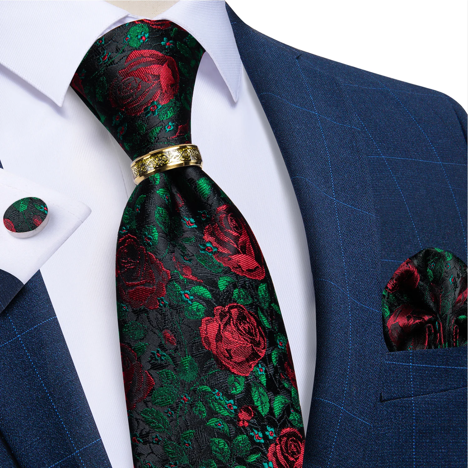 Top Trends: Red Rose Floral Green Silk Tie For Men With Gold Stainless Steel Dragon Ring Luxury Mens Wedding Necktie Pocket Square Cufflinks Shoppable Styles