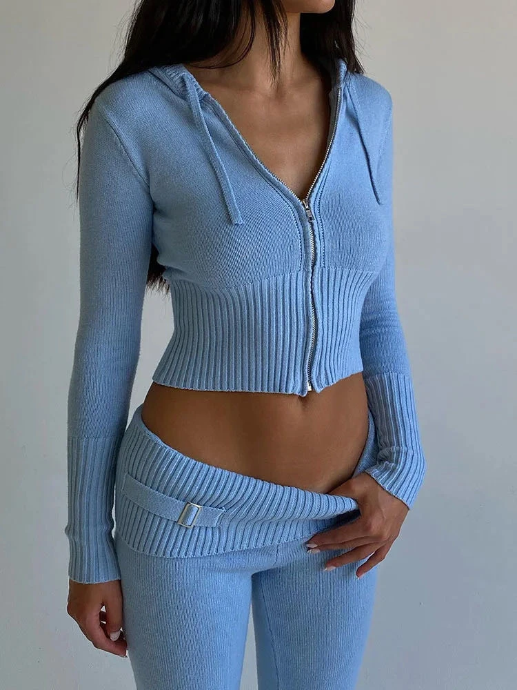 Top Trends: Solid Knitted 2 Piece Sets Women Tracksuit Long Sleeve Zipper Hooded Sweater Jackets Crop Top Flare Pants Stretchy Matching Suit Shoppable Styles