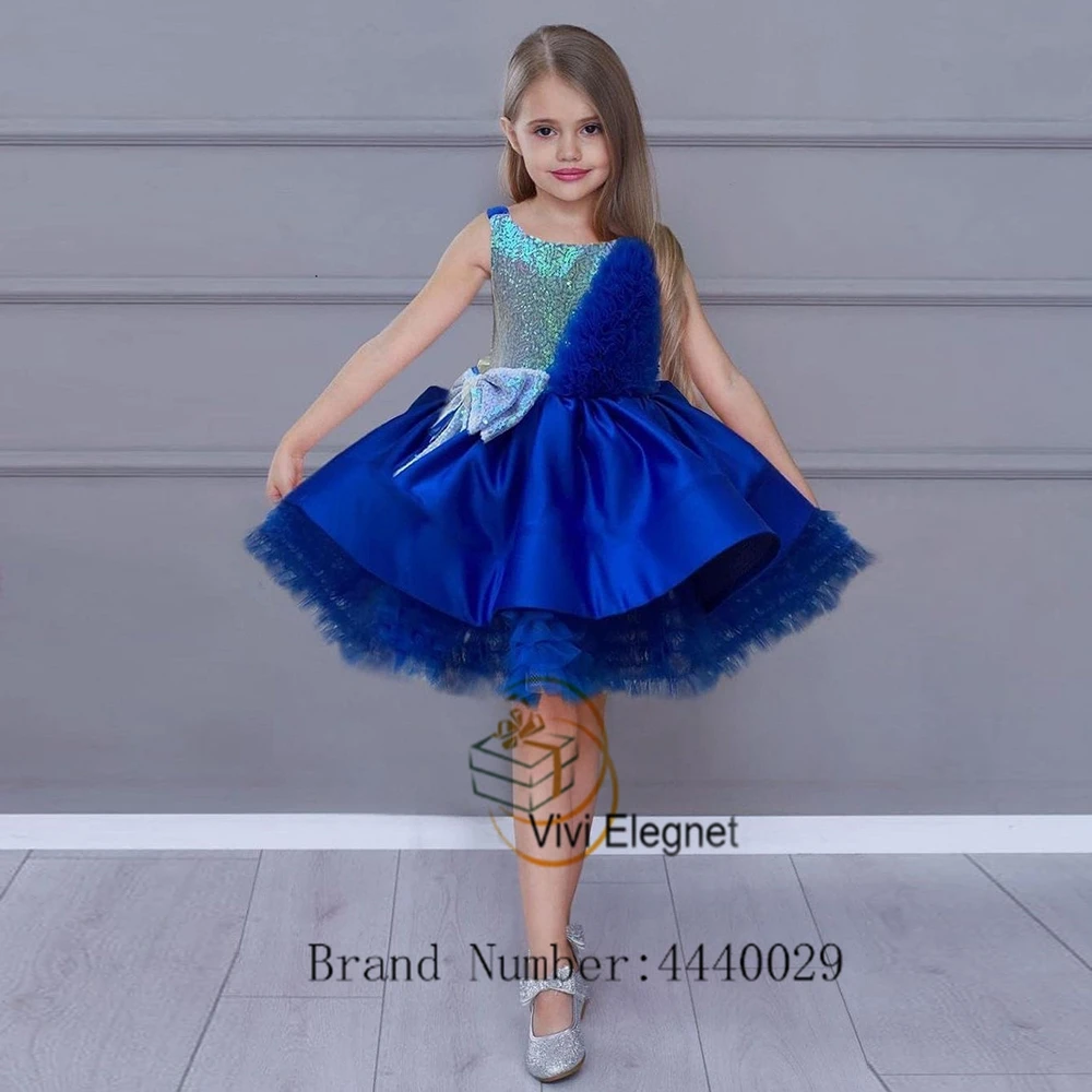 Top Trends: Elegant Spaghetti Strap Flower Girl Dresses Royal Blue Wedding Party Gowns Sequined Bow فساتين للحفلات الراقصة 2023 New Tutu Shoppable Styles