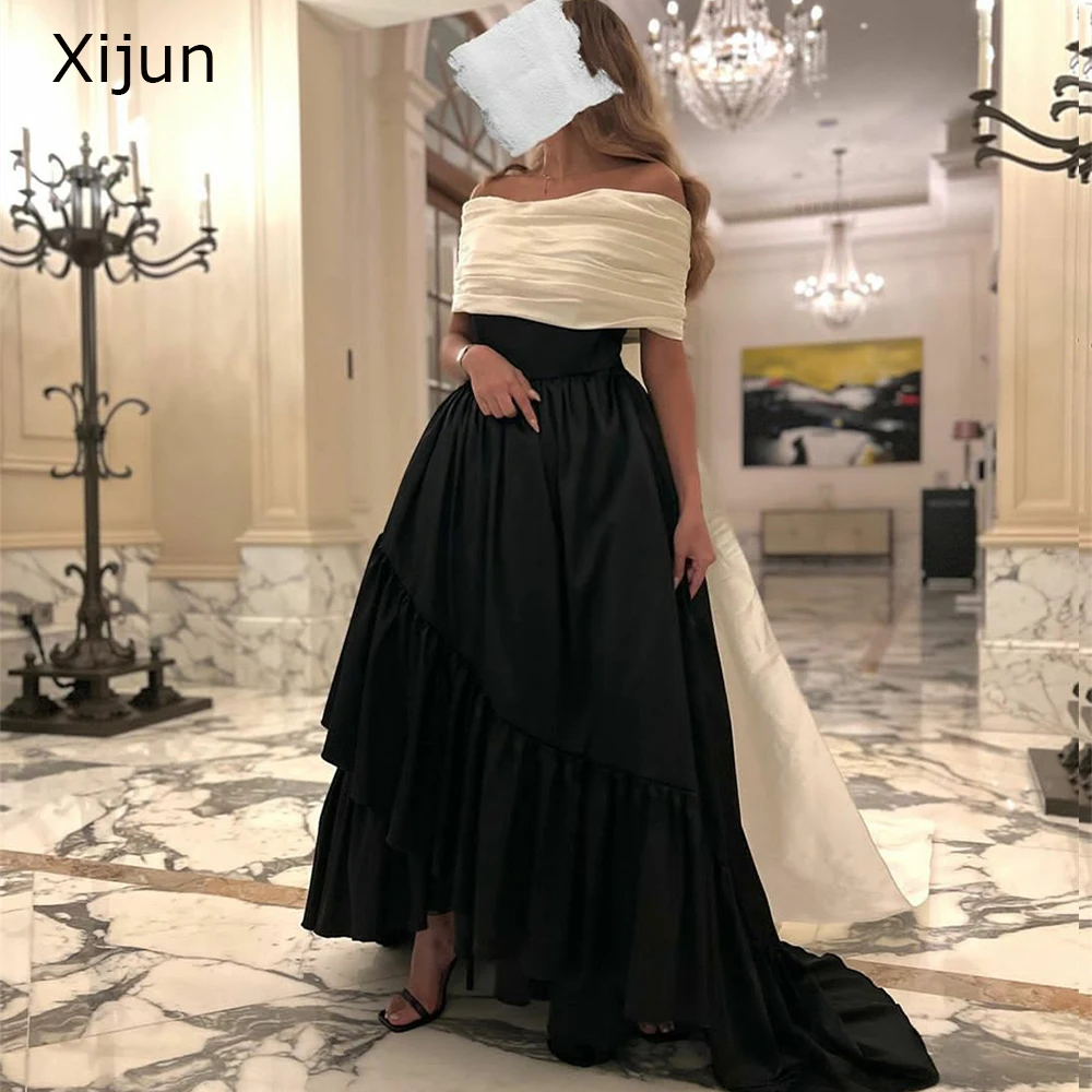 Top Trends: Xijun Luxury Black White Satin Formal Long Evening Dresses Detachable Sweep Train Party Gown Vestido Saudi Arabric For Women Shoppable Styles