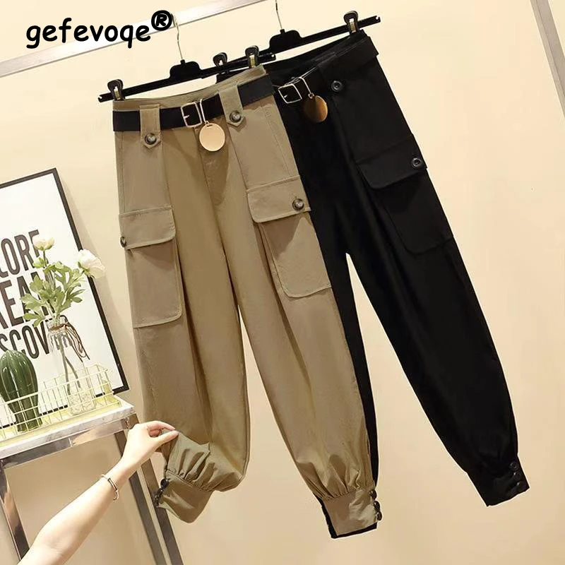 Top Trends: Korean New With Belt Button Pockets Cargo Pants Women High Waist Vintage Harajuku Streetwear Gothic Harem Pants Female Clothing Shoppable Styles