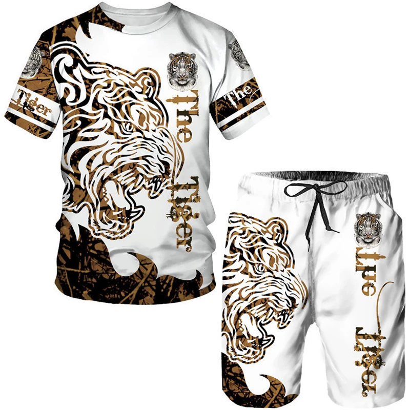 Top Trends: Summer Men&#039;s 3D Tiger Print Men&#039;s T-shirt Suit Casual Sportswear Streetwear Male Clothing Tracksuit Outfit Shorts 2 Pieces Shoppable Styles