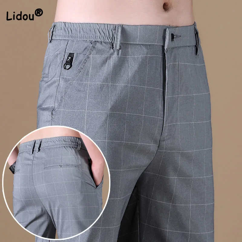 Top Trends: Casual Business Office Elastic Waist Plaid Pants Spring Male Clothes Slim All-match Fashion Pockets Straight Trousers For Men Shoppable Styles