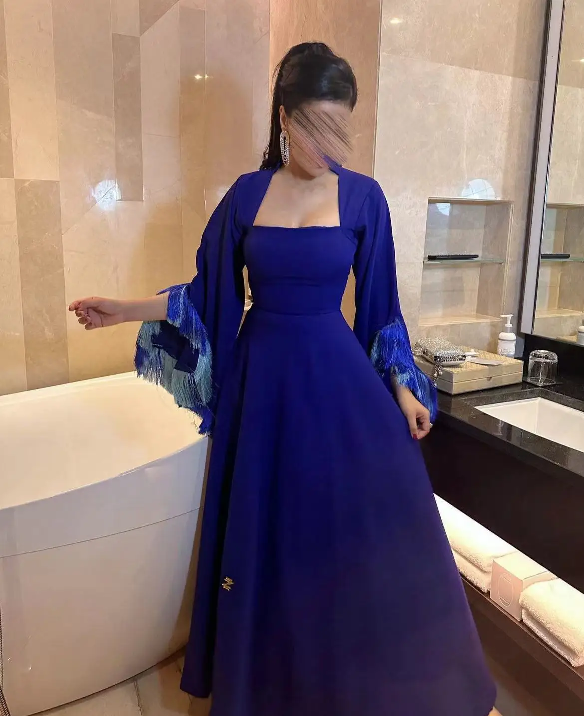 Top Trends: Fashionvane Royal Blue A Line Prom Dresses Dubai Saudi Arabia Women Wear Square Neck Tassels Long Sleeves Evening Night Party Shoppable Styles