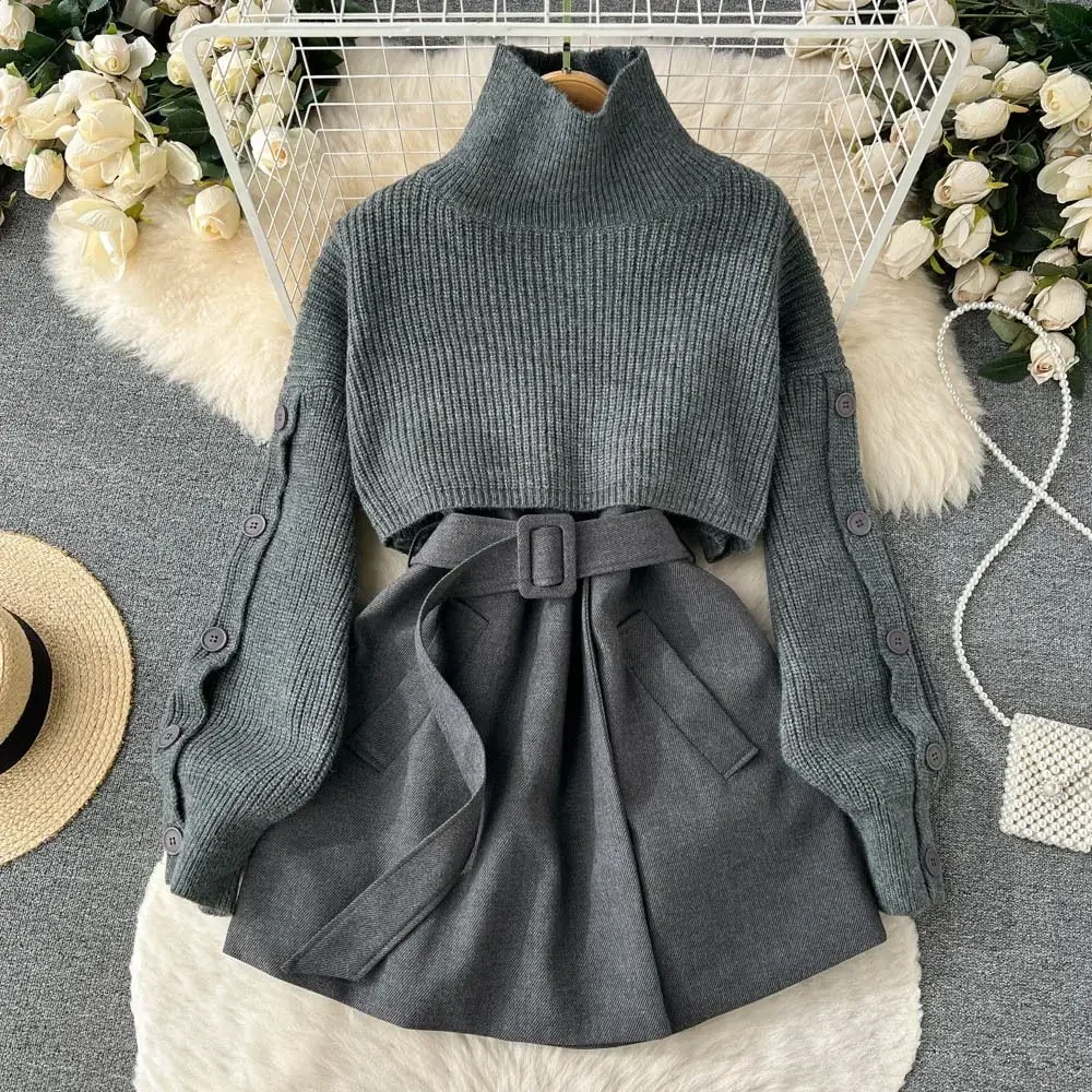 Top Trends: Women&#039;s Autumn And Winter Knitted Two-Piece Single-Breasted High Neck Short Pullover Sweater V-Neck Vest Dress Shoppable Styles