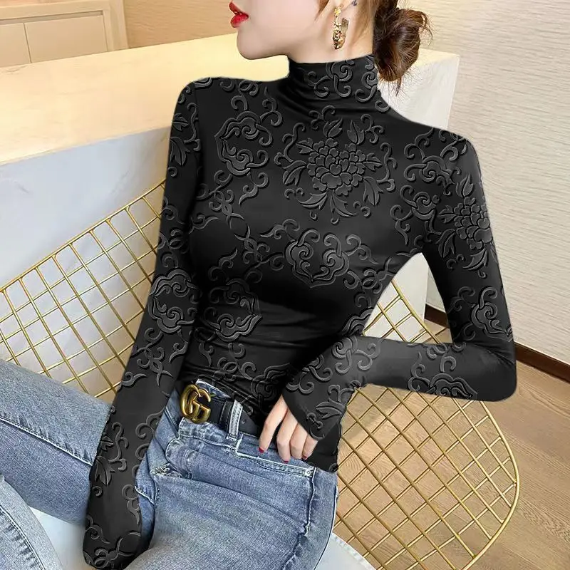 Top Trends: Women&#039;s Solid Color Pullover Half High Neck Underlay Autumn And Winter New Fashion Printing Long Sleeve T-shirt Slim Sexy Tops Shoppable Styles