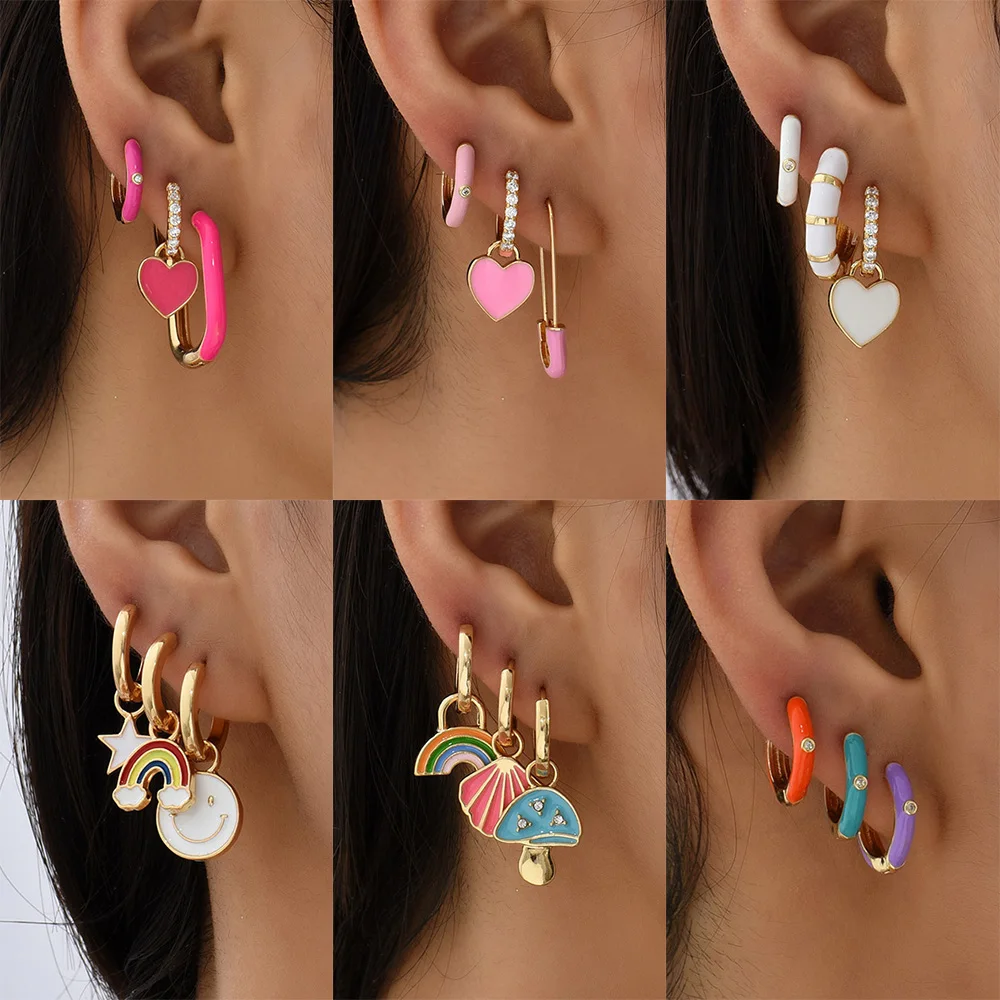 Top Trends: Boho Multicolor Round Piercing Huggie Earrings Set For Women Girls Cute Heart Star Pendant Hoop Earring Jewelry Shoppable Styles