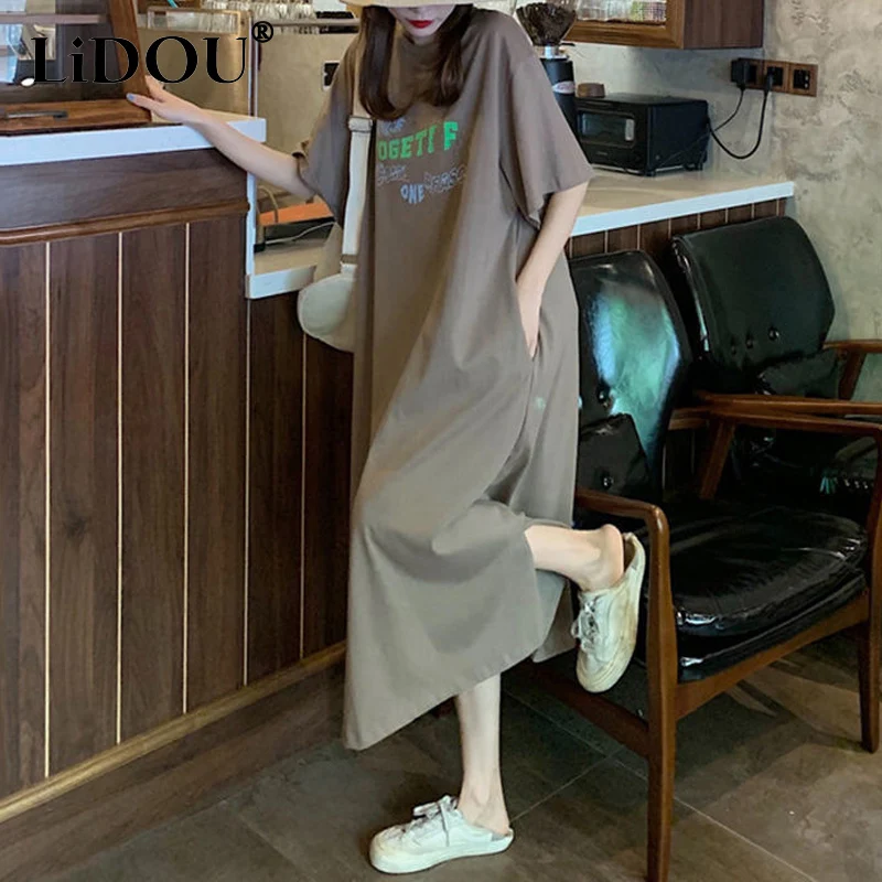 Top Trends: 2023 Summer New Round Neck Short Sleeve Letter Printing Tshirt Dress Women Fashion Loose Casual Midi Dress Korean Style Robe Shoppable Styles