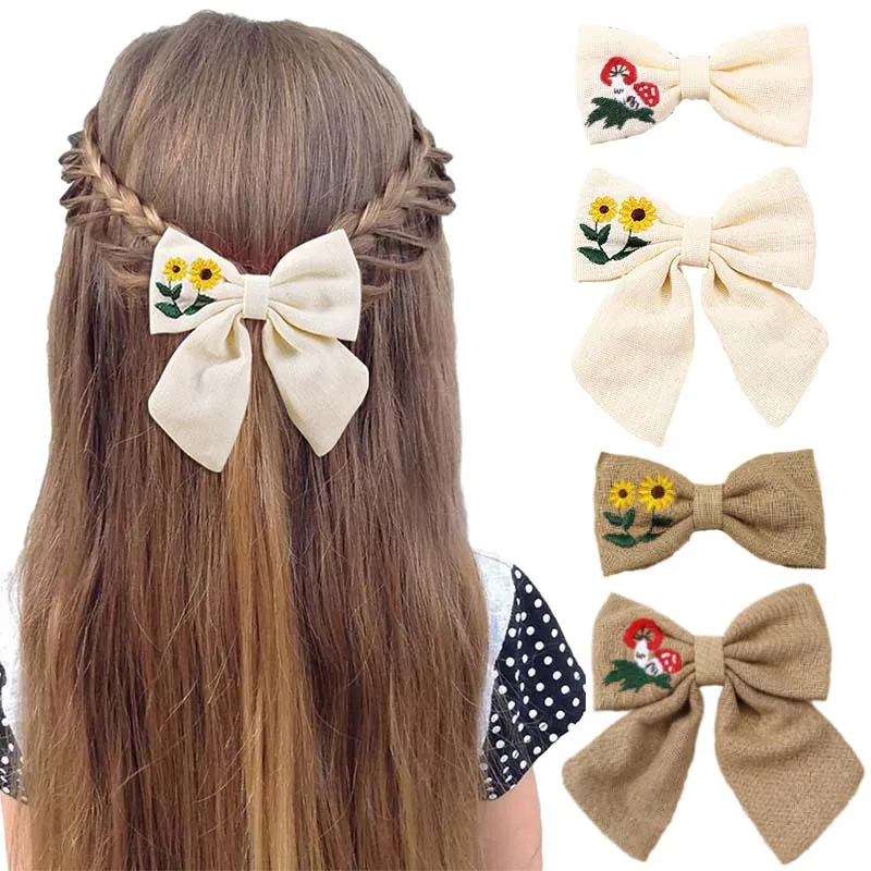 Top Trends: Fashion Sweet Girls Daisy Embroidered Hair Clip Cute Handmade Hair Bow Hairpin Barrettes Kids Headwear Boutique Hair Accessories Shoppable Styles