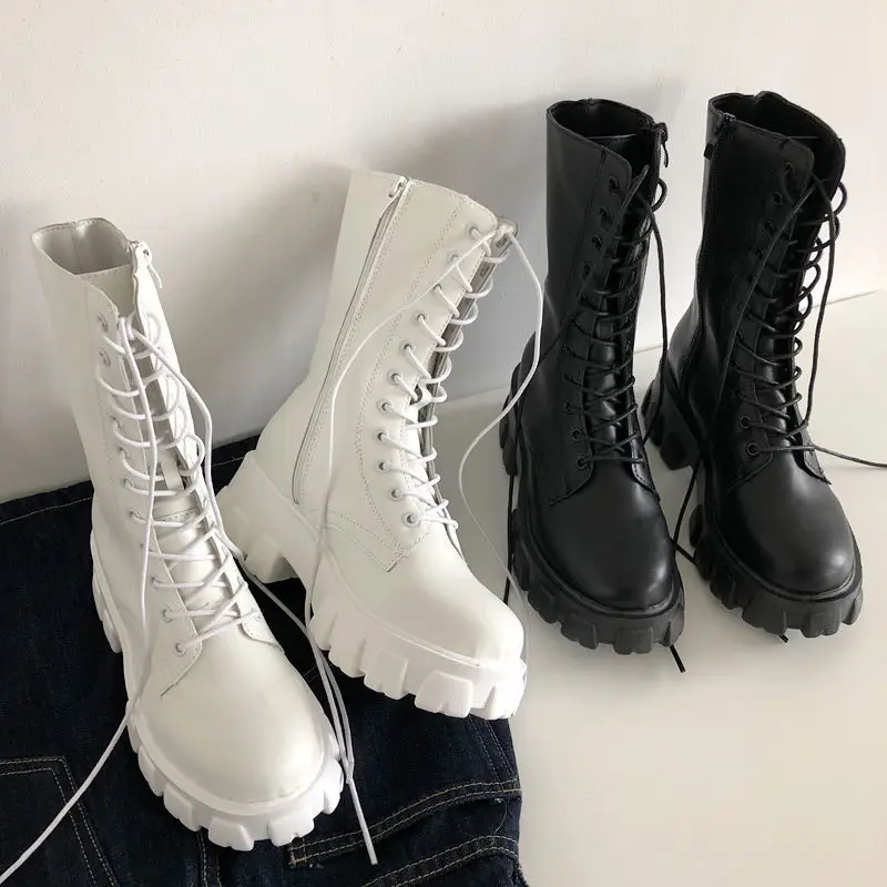 Top Trends: Women Mid Calf Boots Autumn Winter Boots Woman Fashion Lace-up Ladies Chelsea Zipper Botas Mujer Platform Heel Ladies Shoes Shoppable Styles