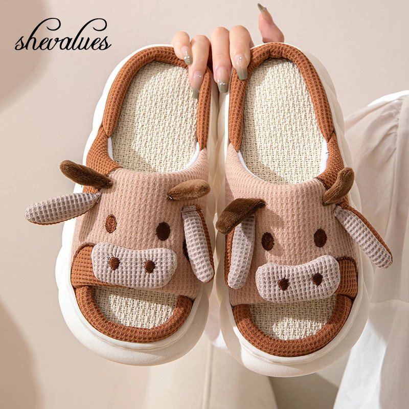 Top Trends: Shevalues Cute Cow Platform Slippers Women Four Seasons New Linen Women's Thick Sandals Home Cartoon Slides Soft Non-slip Shoes Shoppable Styles