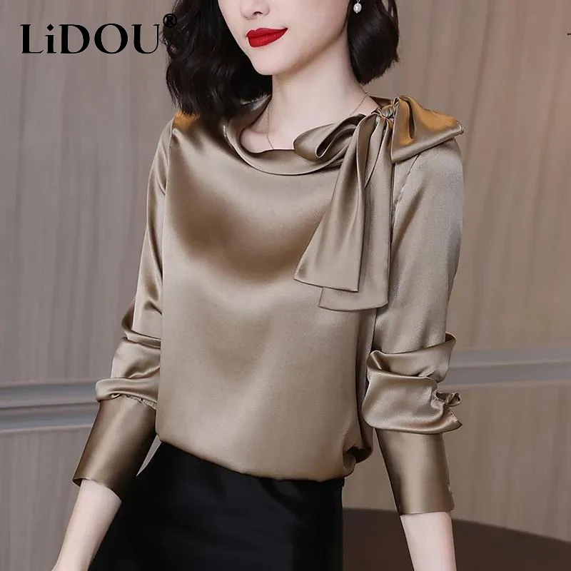 Top Trends: Summer Autumn Office Lady Satin Solid Elegant Fashion Bow Shirt Women Long Sleeve Temperament Bottoming Blusa All-match Blouse Shoppable Styles