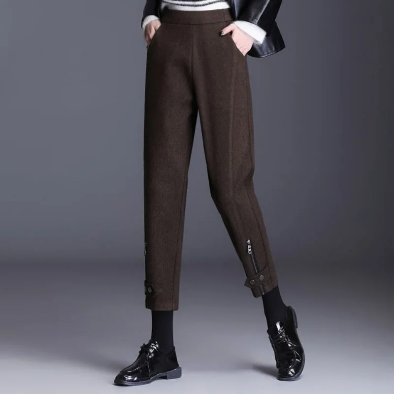 Top Trends: Office Lady Fashion Wool Zipper Pencil Pants Autumn Winter Korean Women Slim Thicken Versatile Elastic Waist Solid Warm Trousers Shoppable Styles