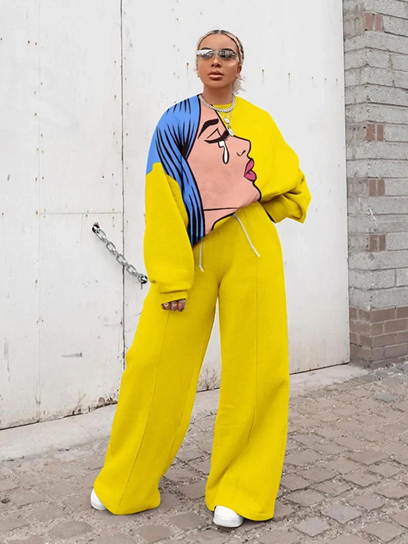 Top Trends: Oversize Tracksuit Women Two Piece Pants Sets Autumn Clothes Cartoon Print Pullover Sweatshirt Wide Leg Pants Suit Woman Outfits Shoppable Styles