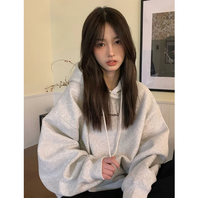 Top Trends: Fashion Dark Grey Hoodie Fleece Thicken Sweatshirt Long Sleeve Korean Letter Printing Baggy Female Tops Pullover Hoodie Autumn Shoppable Styles - Image 3