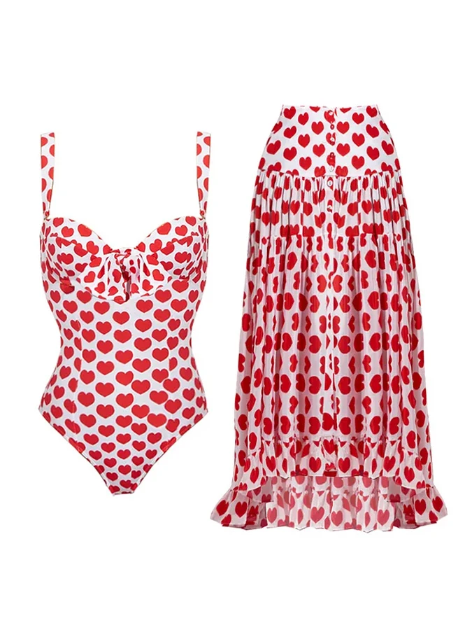 Top Trends: Fashion Pink Love Print Cute Romantic Bow One Piece Swimsuit And Long Covering Split Beach Dress Ladies 2023 Vacation Seaside Shoppable Styles