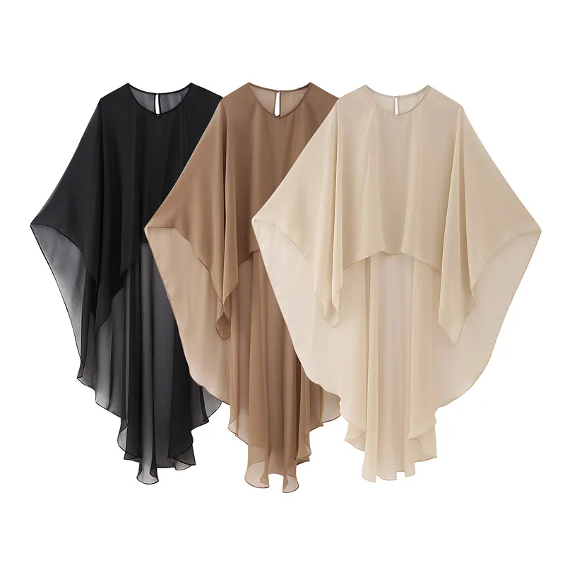 Top Trends: TRAF Women Fashion Asymmetric Chiffon Semi-sheer Cape Blouses Sexy O Neck Back Button Female Shirts Blusas Chic Tops Shoppable Styles