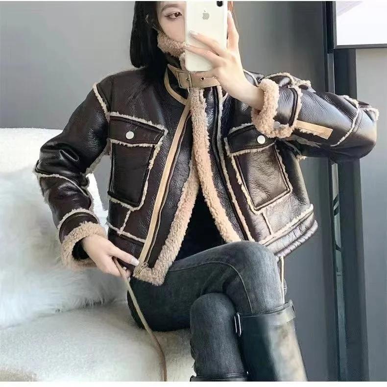 Top Trends: Faux Fur Leather Short Jacket Women Wool Coat Winter Thick Motorcycle Jackets Female Vintage Lambswool Loose Outerwear Shoppable Styles