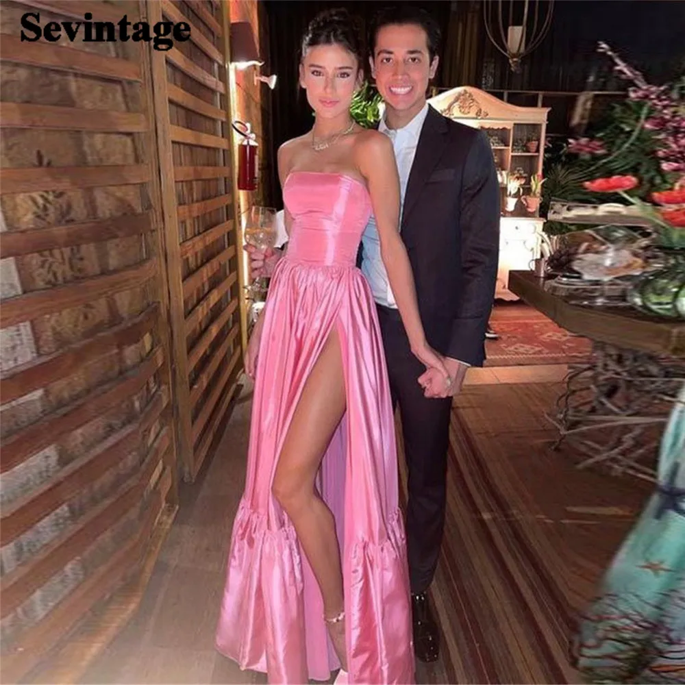 Top Trends: Sevintage Hearty Peach Pink Prom Dress Strapless A-Line Pleat Ruched High Side Slit Floor Length Party Gown Vestidos De Gala Shoppable Styles