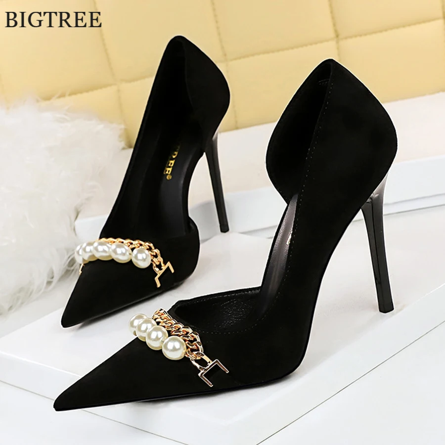 Top Trends: 2024 New Fashion Pearl Chain Office Women Pumps Black Flock Side Hollow High Heels Stiletto Pointed Toe Female Party Shoes Dress Shoppable Styles