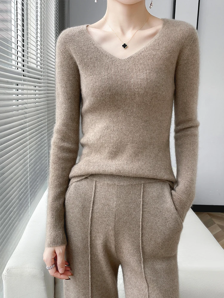 Top Trends: 100% Merino Sweater Women&#039;s V-neck Pullover Slim Knit Bottoming Shirt Long Sleeve Threaded Cashmere Top Shoppable Styles