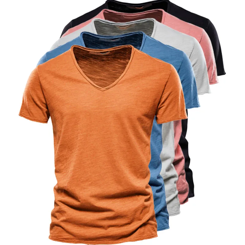 Top Trends: 100% Cotton V-neck Men T-shirt Fitness Sports Running Slim Fit Soild T-shirts Male Tops Tees Summer Short Sleeve T Shirt For Men Shoppable Styles