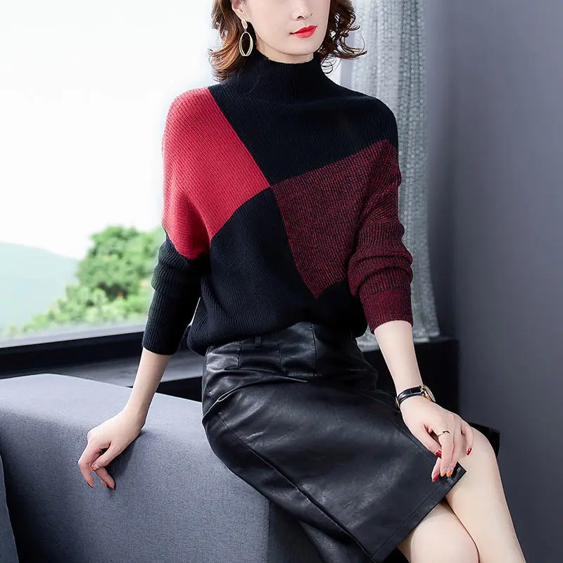 Top Trends: Autumn Winter Women Simple Turtleneck Sweater Color Block Fashion Loose Versatile Long Sleeve Knit Bottoming Casual Pullover Top Shoppable Styles - Image 4