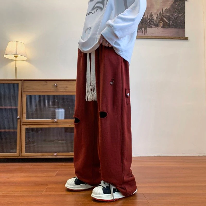 Top Trends: Autumn Winter Hipster Hip Hop Holes Straight Pants Male Harajuku Y2K Fashion All-match Loose Casual Trousers Men Solid Sweatpant Shoppable Styles