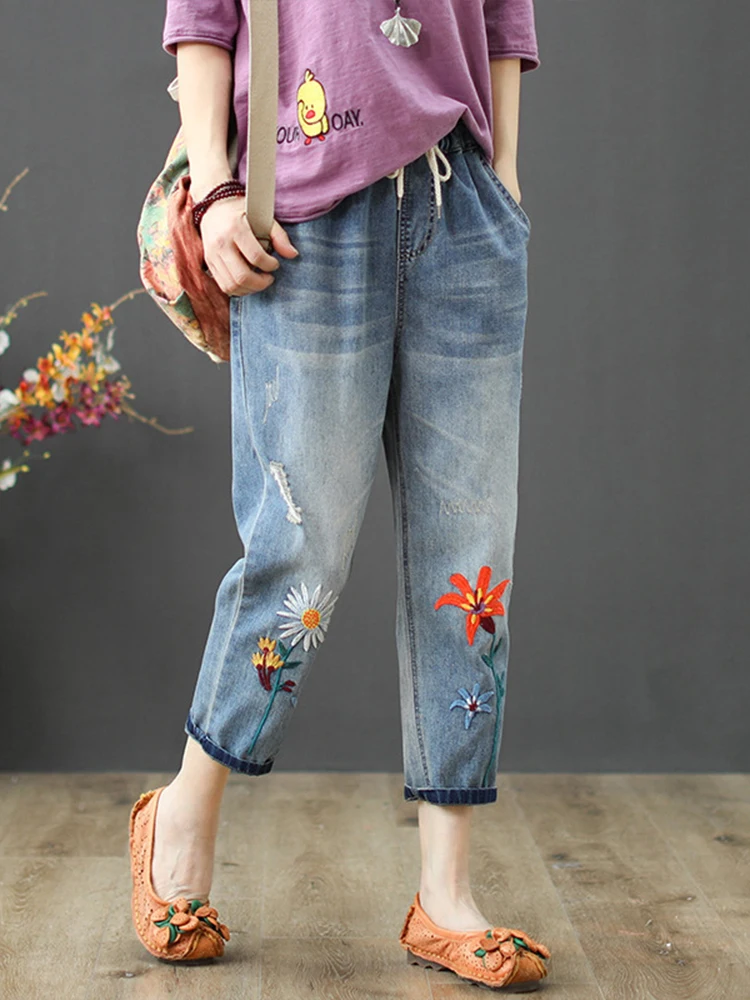 Top Trends: Max LuLu 2023 New Fashion Summer Ladies Elastic Jeans Women Casual Floral Embroidery Denim Trousers Female Oversized Harem Pants Shoppable Styles - Image 4