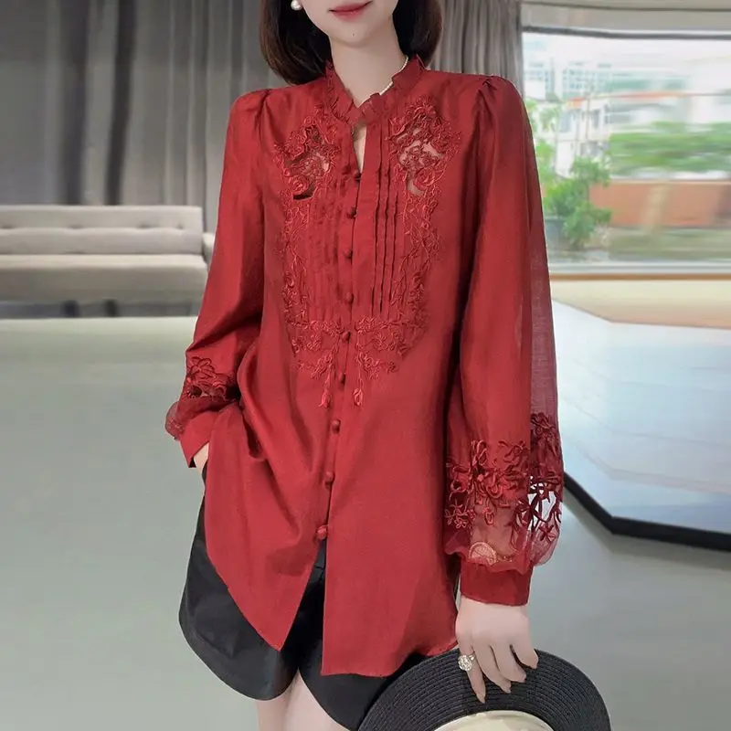 Top Trends: Women&#039;s Clothing Floral Embroidery Blouse Casual Gauze Spliced Spring Autumn New Stylish Folds Vintage Stand Collar Loose Shirt Shoppable Styles