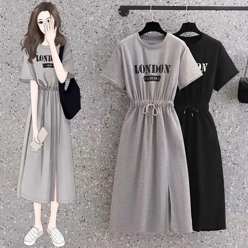 Top Trends: Summer Letter Printing Pleated Lacing Midi Dress Round Neck Short Sleeve Loose Casual Dresses Fashion Simplicity Women Clothes Shoppable Styles