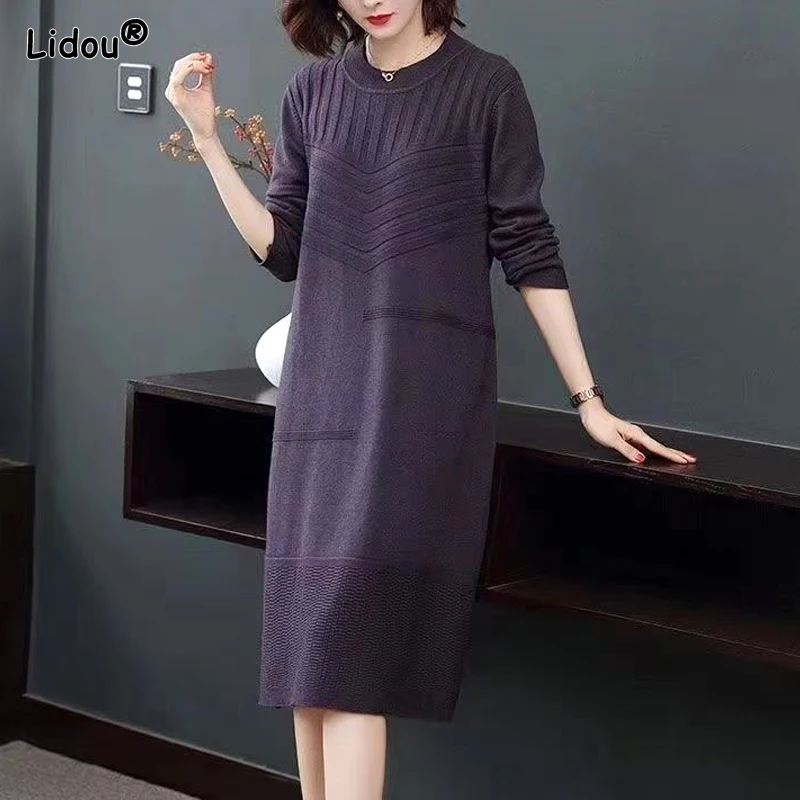 Top Trends: 2023 New Autumn And Winter Western Style Round Neck Pit Stripe Solid Color Medium Length Underlay Knitted Sweater Dress Shoppable Styles