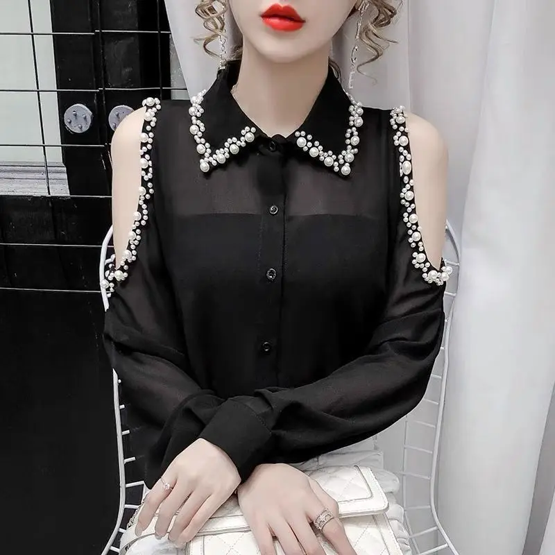 Top Trends: Fashion Off Shoulder Beading Lapel Loose Chiffon Shirt Oversized Casual Button Long Sleeve Women&#039;s Clothing Blouse Commute Tops Shoppable Styles