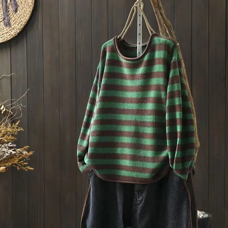 Top Trends: Fashion Casual Women Contrast Stripe Sweater Spring Autumn New Versatile Vintage Loose Long Sleeve Basic Knitted Pullovers Top Shoppable Styles