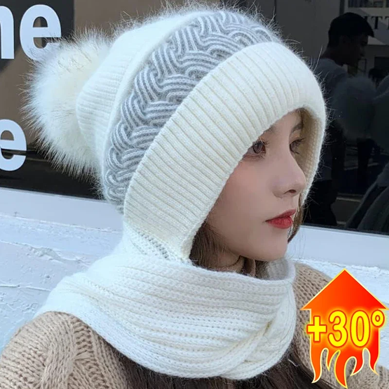 Top Trends: Women Winter Hood Beanies Thick Woolen Knitted Hat Scarf Fur Pompom Crochet Bonnet Outdoor Ski Female Skullies Cap Warm Headgear Shoppable Styles