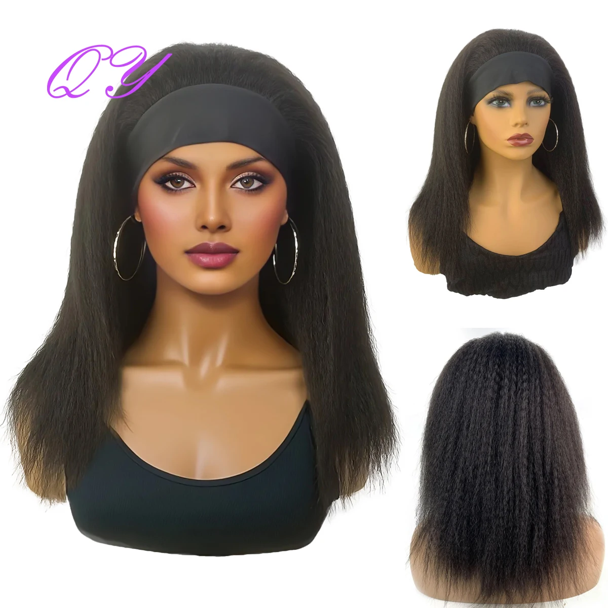 Top Trends: Synthetic Wig African Women Yaki Straight Headband Wigs Black Medium Length Hairstyle Women's Wig Daily Ladies Turban Wig Shoppable Styles