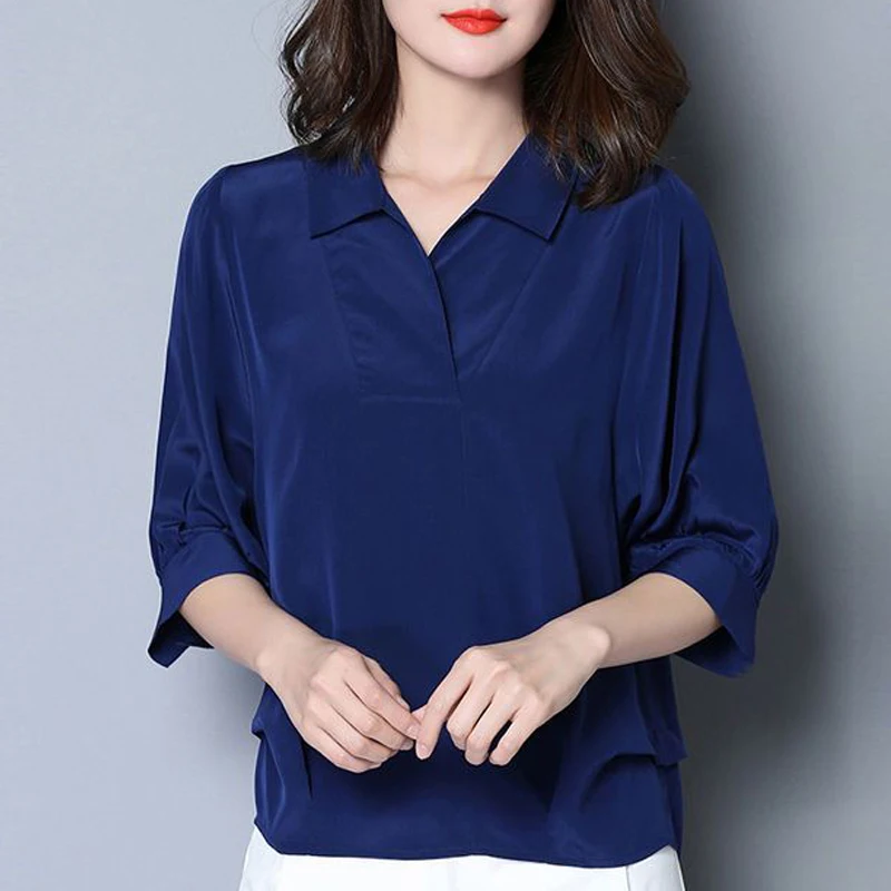 Top Trends: Women Silk Satin Simple Elegant Blouses Summer Korean Fashion V Neck Half Sleeve Casual Shirts Solid Loose Pullover Ladies Tops Shoppable Styles - Image 4