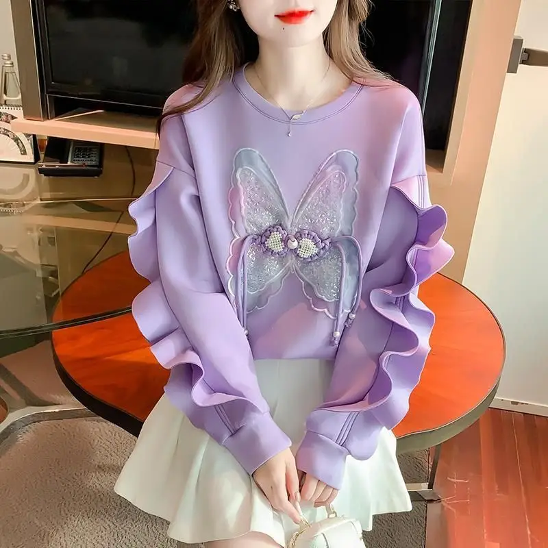 Top Trends: 2023 New Spring And Autumn Fashion Butterfly 3D Decoration Age Reducing Loose Casual Wood Ear Edge Panel Versatile Sweater Shoppable Styles - Image 5