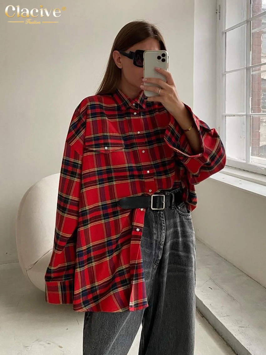 Top Trends: Clacive Fashion Loose Plaid Women&#039;S Shirt Elegant Long Sleeve Office Lady Shirts And Blouses Vintage Oversize Blusa Top Female Shoppable Styles