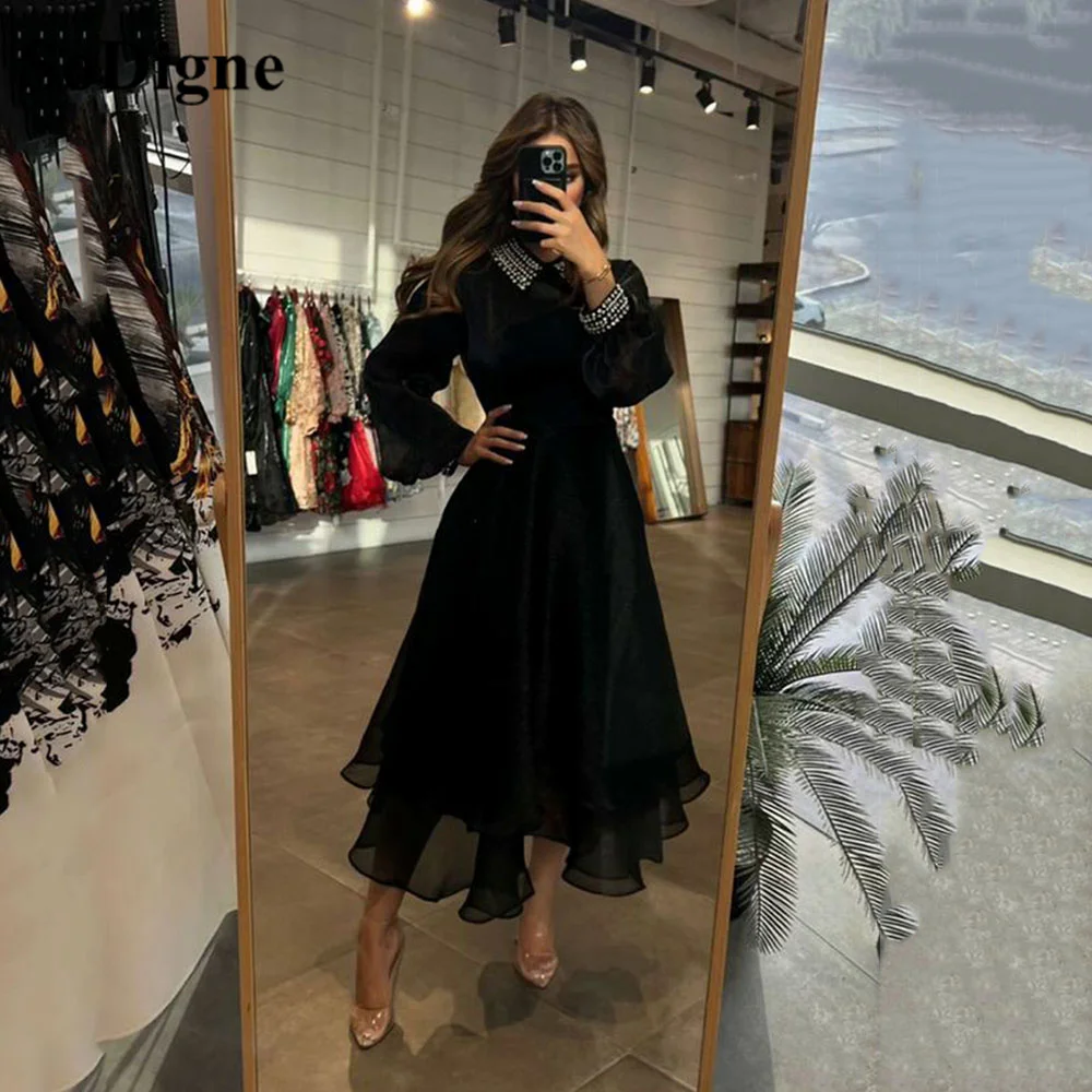 Top Trends: SoDigne Fashion 2023 Long Sleeves Prom Dresses O Neck Tea Length Beads Black Formal Women Party Gowns Occasion Arabic Evening Shoppable Styles